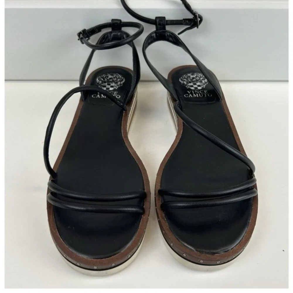 Vince Camuto Black Strappy Platform Wedge Sandals Studded Striped Sole womens 10